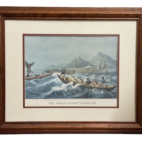 The Whale Fishery “Laying On”1852 Framed & Matted Lithograph Print by N. Currier - Picture 1 of 16